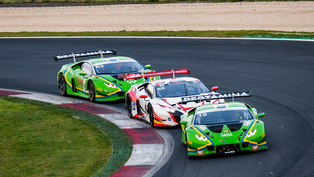 Vallelunga, Italy 5 december 2020, Aci racing weekend. Spectacular motorsport scenic view of supercar touring Lamborghini Huracan group racing cars in action challenging