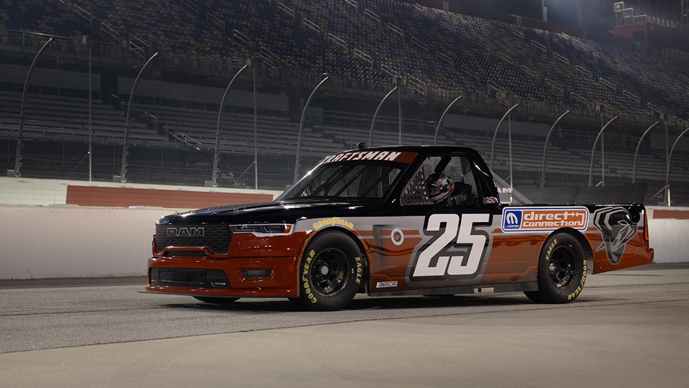 Ram 1500 NASCAR Truck Series concept front ¾ on track