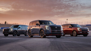 Three 2026 Armada NISMOs at sunset