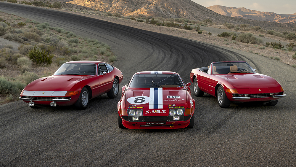 Three Iconic Ferrari Daytonas parked on road