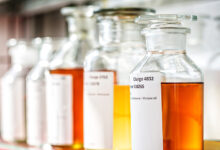 Vials of oils in lab