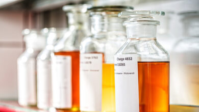 Vials of oils in lab