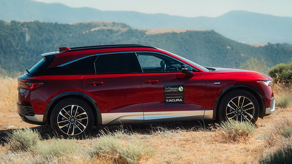 Acura ZDX EV parked on grassy hill with mountains in background