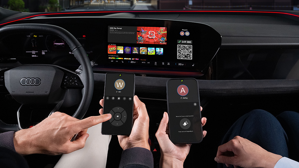 AirConsole library on infotainment screen featuring with driver and passenger holding smartphones