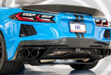 Back of blue Corvette with AWE plate