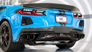 Back of blue Corvette with AWE plate