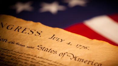 United States Declaration of Independence on a Betsy Ross flag background