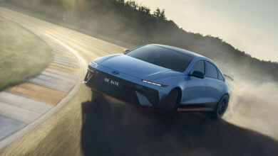 IONIQ 6 N Driving Front Quarter on racetrack