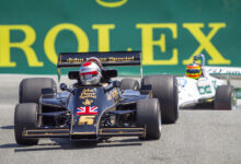 F1 cars on racetrack at 2021 Rolex Monterey Motorsports Reunion