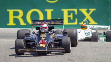 F1 cars on racetrack at 2021 Rolex Monterey Motorsports Reunion