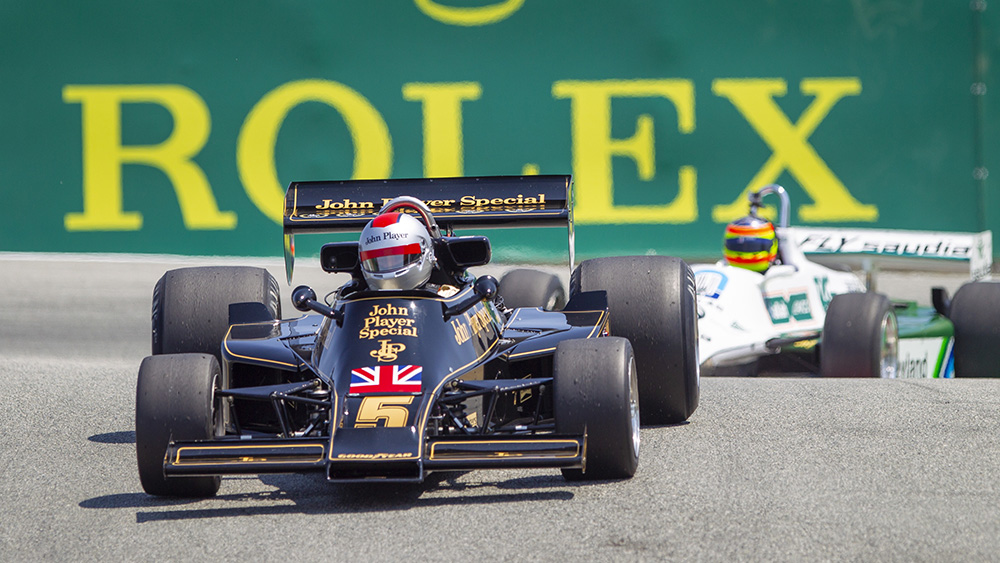 F1 cars on racetrack at 2021 Rolex Monterey Motorsports Reunion