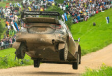 Oliver Solberg of Sweden and Elliott Edmondson of United Kingdom perform during the World Rally Championship in Tartu, Estonia on July 20, 2025