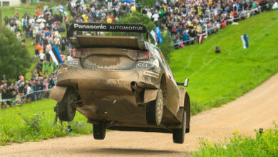Oliver Solberg of Sweden and Elliott Edmondson of United Kingdom perform during the World Rally Championship in Tartu, Estonia on July 20, 2025