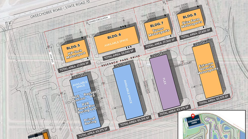 Illustrated map of buildings at P1 Commerce Park