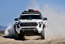 Toyoat truck kicking up dust in the Rebelle Rally