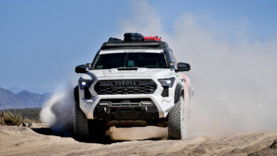 Toyoat truck kicking up dust in the Rebelle Rally