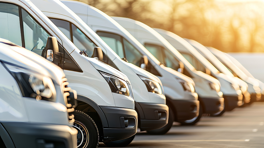 Row of new vans in parking bay ready for work
