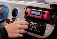 Rugged Radios Pink Radio installed in dash
