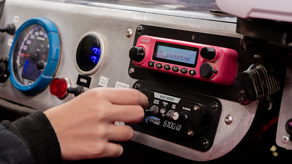 Rugged Radios Pink Radio installed in dash