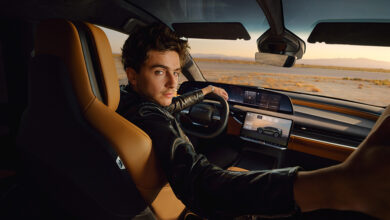 Timothée Chalamet sitting in driver's seat of Lucid Gravity