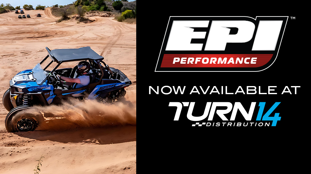ATV driving through sand, EPI and Turn 14 Distribution logos