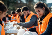 Many volunteers pack aid supplies into boxes outdoors