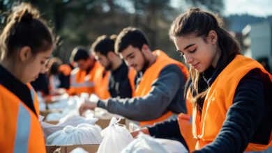 Many volunteers pack aid supplies into boxes outdoors