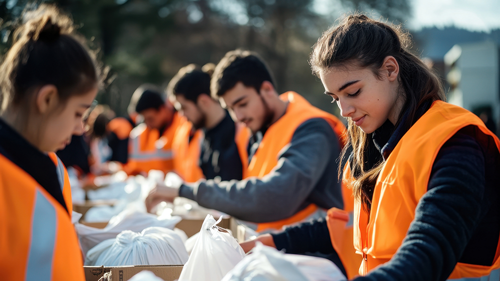 Many volunteers pack aid supplies into boxes outdoors
