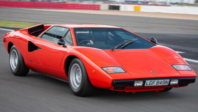 1975 Lamborghini Countach LP400 Periscopio Front 3 quarter on racetrack