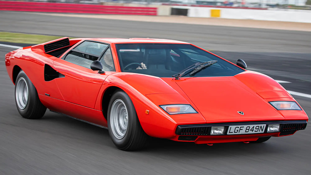1975 Lamborghini Countach LP400 Periscopio Front 3 quarter on racetrack