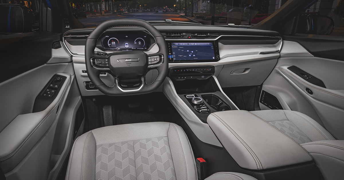 The 2026 Jeep Cherokee Overland’s interior in Arctic.
