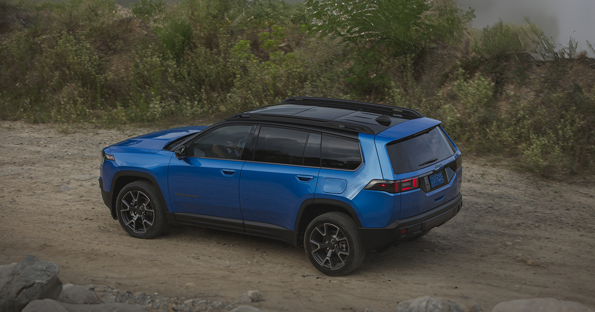 The 2026 Jeep® Cherokee Overland from an upper rear three-quarter view