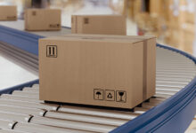 Cardboard boxes on conveyor rollers