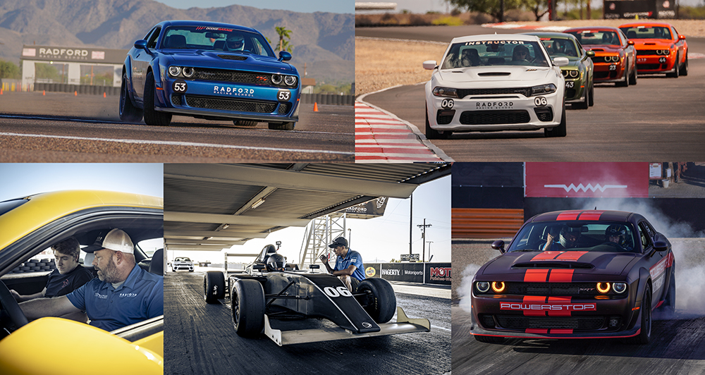 Collage of various race cars at racetrack