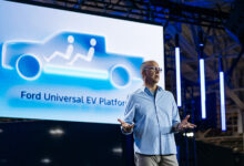 Doug Field, the chief EV, digital and design officer at Ford Motor Company, speaks at Louisville Assembly Plant as Ford shares its plans to design and assemble breakthrough electric vehicles in America on August 11, 2025.