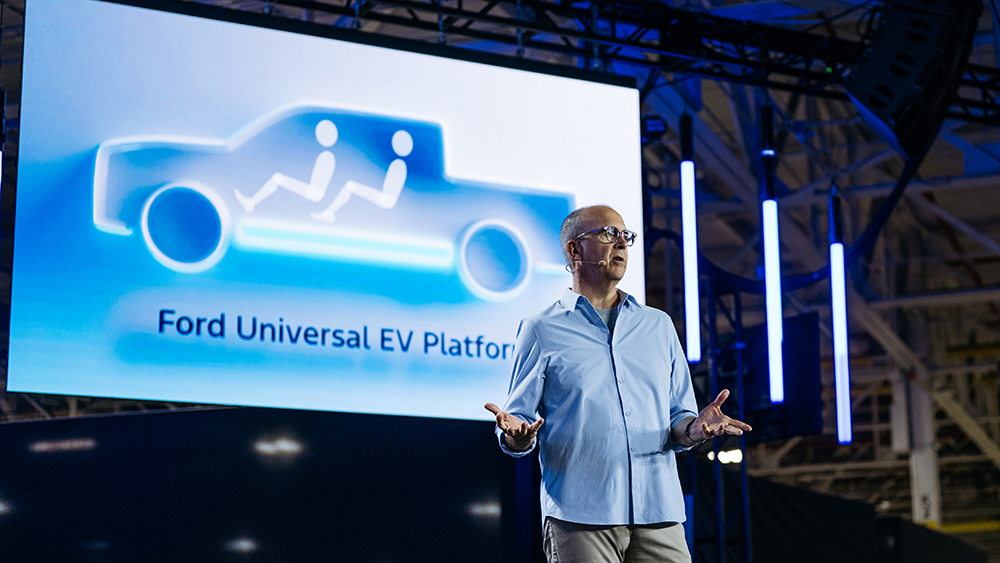 Doug Field, the chief EV, digital and design officer at Ford Motor Company, speaks at Louisville Assembly Plant as Ford shares its plans to design and assemble breakthrough electric vehicles in America on August 11, 2025.