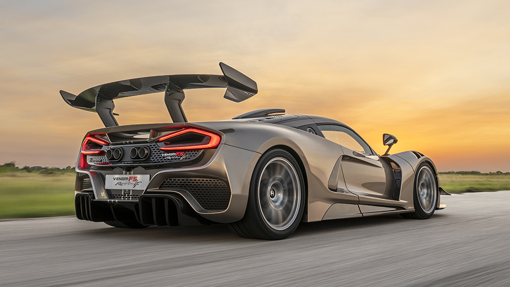 Hennessey Venom F5 Revolution LF driving on road from rear
