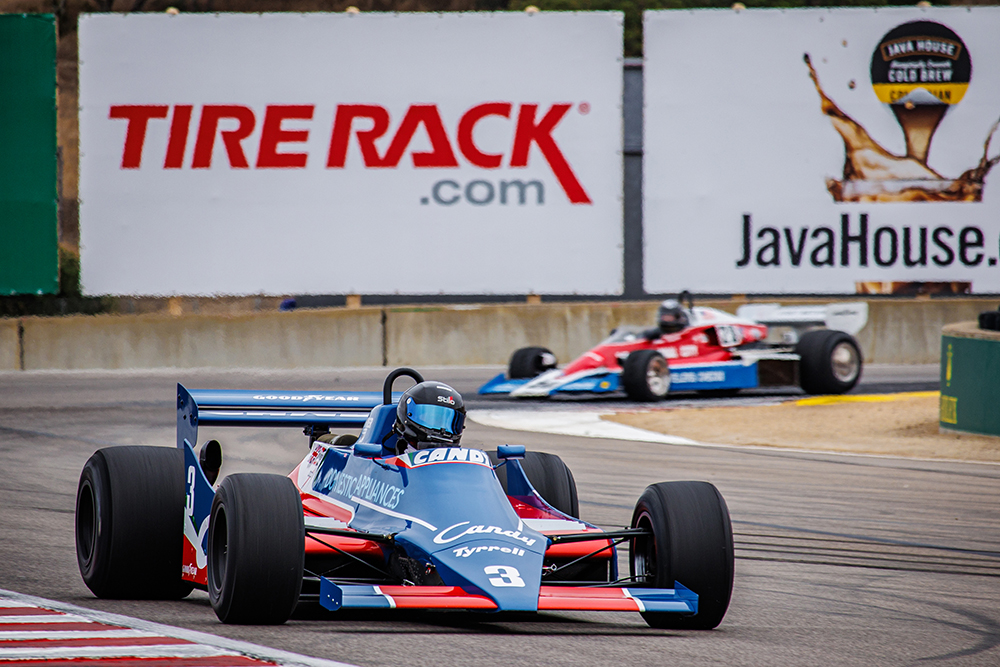 Paul Haggar in his 1980 Tyrrell 010 heading to the finish line
