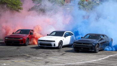 Three 2026 Sixpack Charger Scat Packs smoking their tires at Roadkill Nights Powered by Dodge