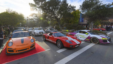 Three lines of cars on Monterey Ocean Avenue Car Week