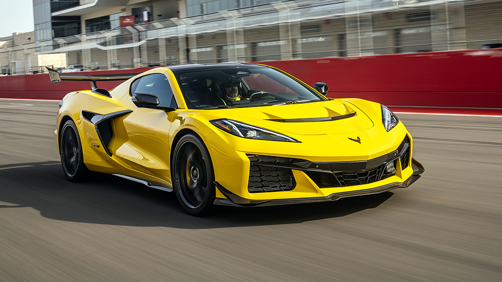 Front 3/4 view of the Chevrolet Corvette ZR1 in Competition Yellow at Circuit of the Americas
