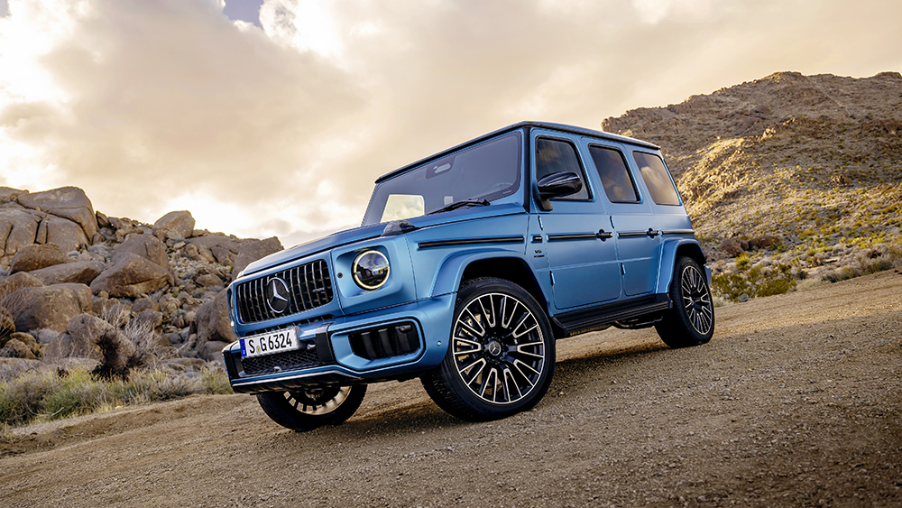 2025 Mercedes-AMG G 63 Hyper Blue Magno on road in hills
