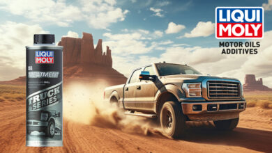 Can of LIQUI MOLY Oil treatment with pickup truck in background