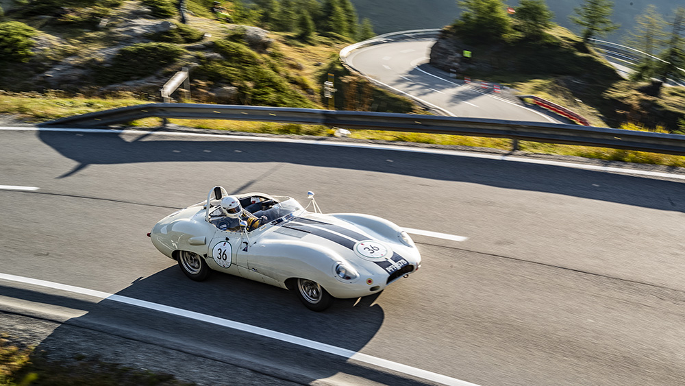 Classic car on road Bernina Gran Turismo
