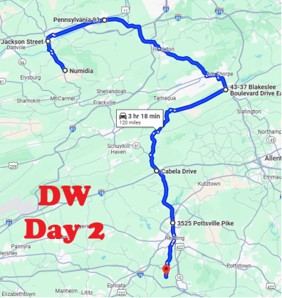 Day 2 Map - Numidia Dragway to Maple Grove Raceway