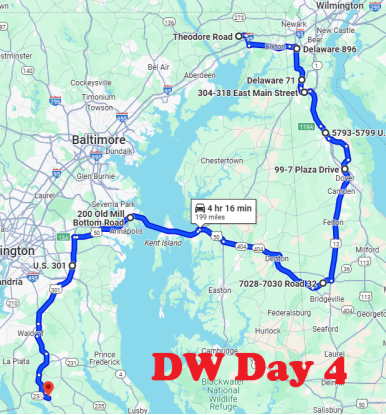 Day 4 Map - Cecil County Dragway to Maryland International Raceway