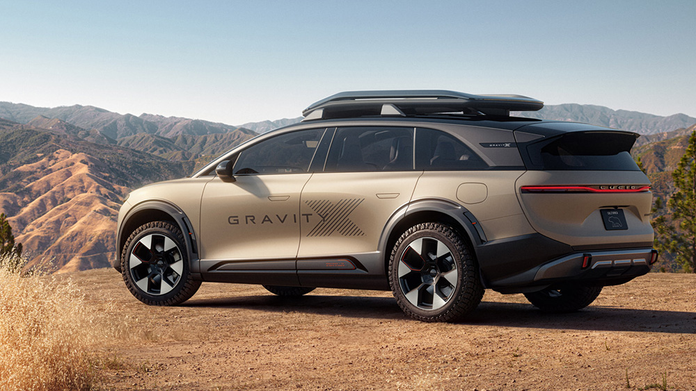 Lucid GravityX Concept parked in the hills