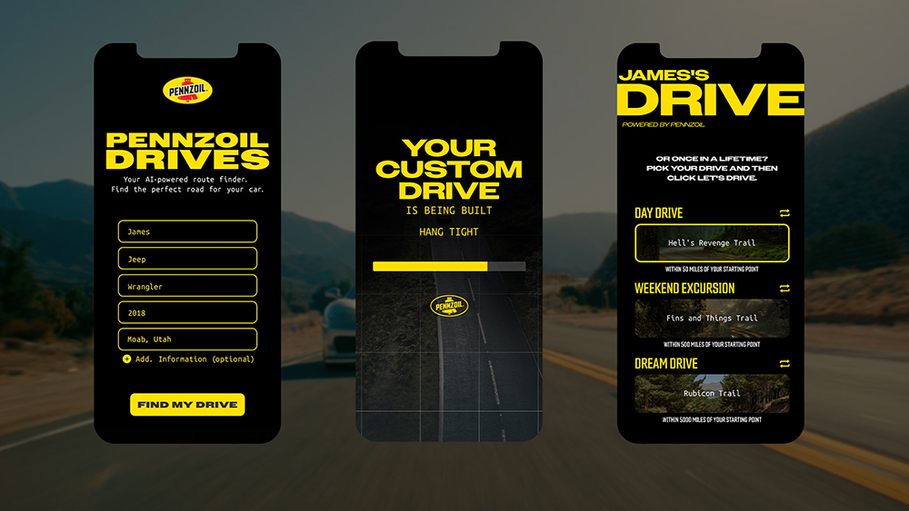 Pennzoil Drives screenshots on smartphone showing how to map a route