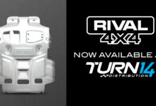 Rival 4x4 and Turn 14 logos next to photo of truck skid plate