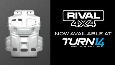 Rival 4x4 and Turn 14 logos next to photo of truck skid plate